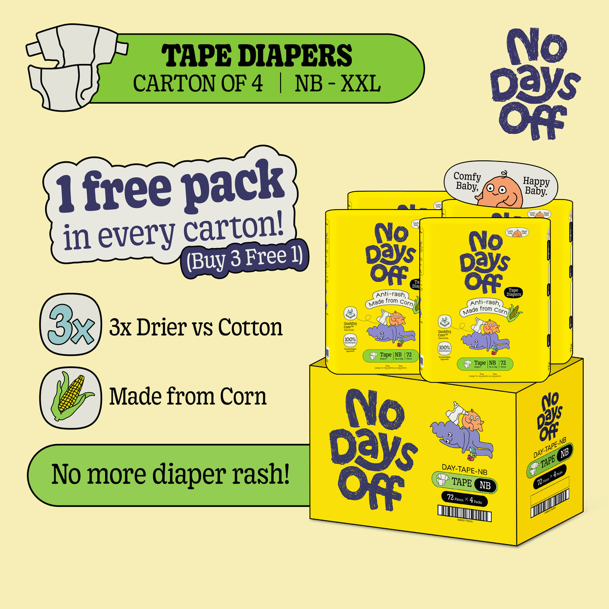[Carton of 4] Anti-Rash Tape Diapers 🌽